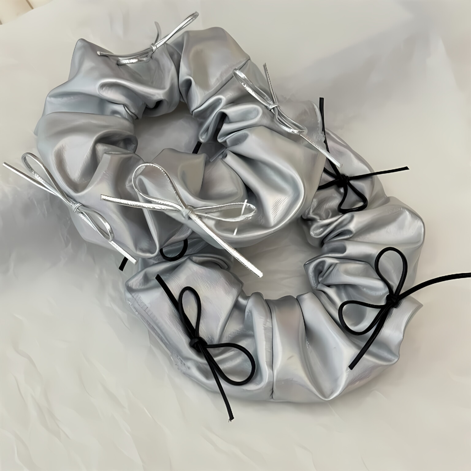 Hair Tie Velvet - Silver Faux Leather Bow Oversized Scrunchies